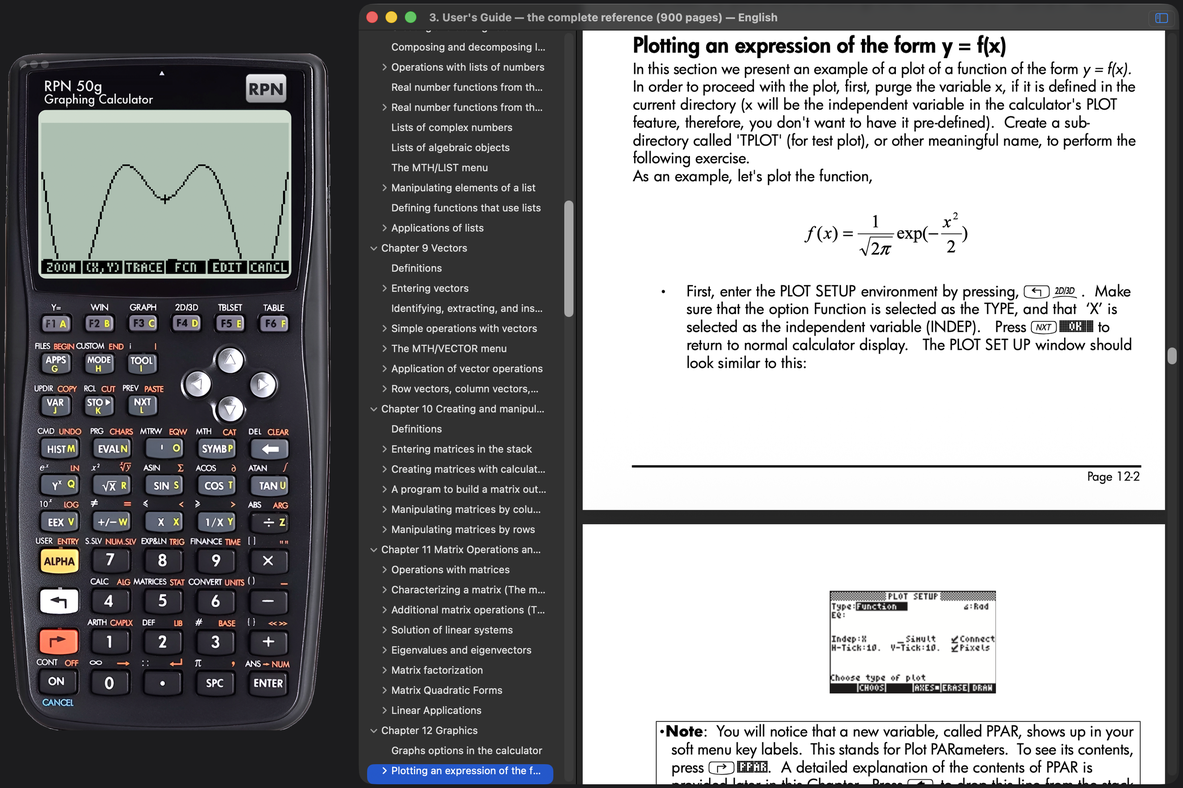 RPN 50g on macOS with HP's User's Guide open beside the calculator, at the plotting chapter