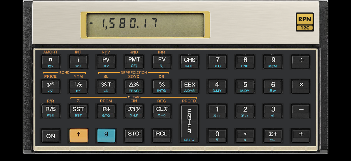 HP 12C financial calculator on iPhone, in its original landscape format: RPN 12C showing the monthly payment of a 30-year mortgage, -1,580.17