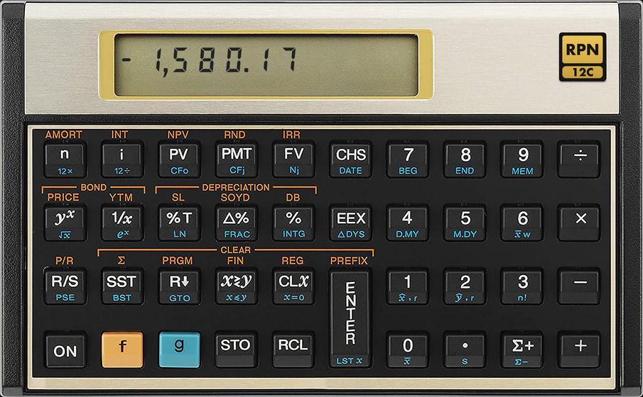 HP 12C financial calculator on macOS: the RPN 12C window, shaped like the calculator
