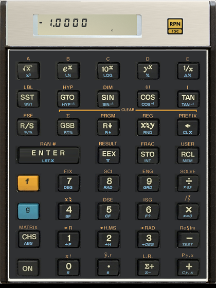 HP 15C scientific calculator on iPad: the calculator upright, e to the iπ