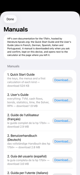 HP's 17bII+ manuals offered for download in RPN 17bII+, with their sizes