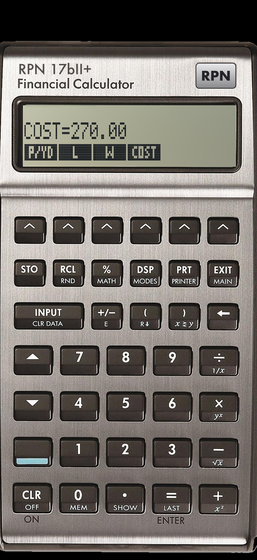 The equation Solver on RPN 17bII+: an equation typed in the ALPHA menus, solved for COST=270.00