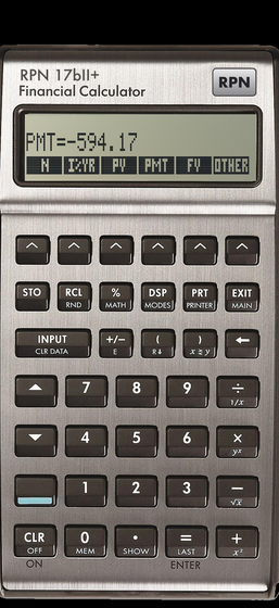 HP 17bII+ financial calculator on iPhone: RPN 17bII+ showing the monthly payment of a 30-year mortgage, PMT=-594.17