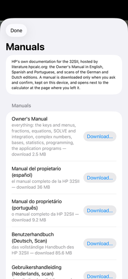 HP's 32SII manuals offered for download in RPN 32sII, with their sizes