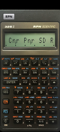 A menu over the top row of keys on RPN 32sII: probability