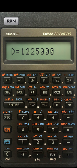 HP 32SII RPN scientific calculator on iPhone: RPN 32sII solving an equation, D=122.5000