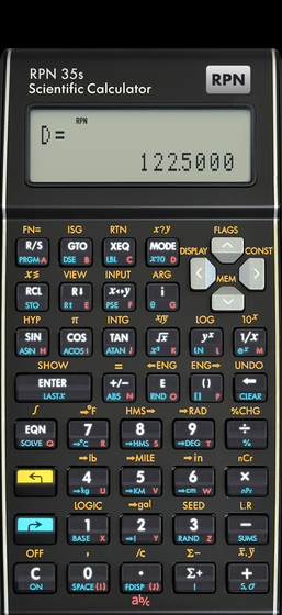 HP 35s scientific calculator on iPhone: RPN 35s solving an equation, D=122.5000