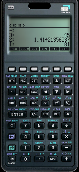 HP 48GX emulator on iPhone: RPN 48 showing 45, √2 and 3^4 on the stack