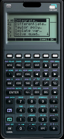 The 48G series' symbolic menu (Integrate, Differentiate, Taylor…) on RPN 48