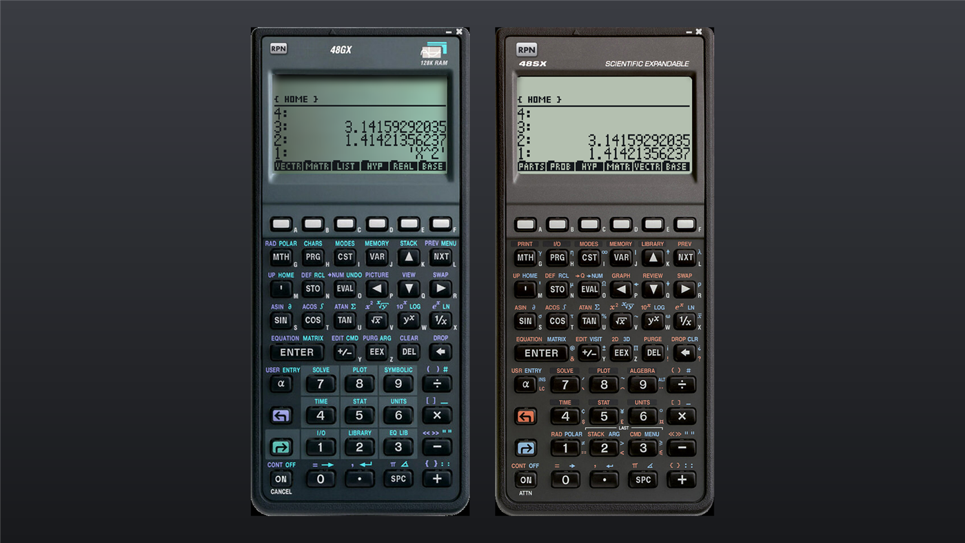HP 48GX and HP 48SX emulators on Windows: two RPN 48 windows side by side