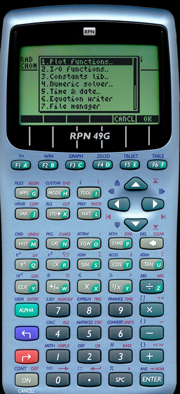 The APPS menu of the HP 49G (plot functions, numeric solver, equation writer…) on RPN 49G
