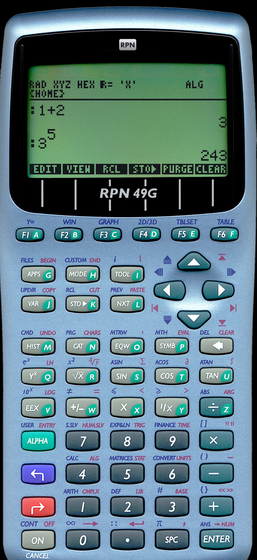 HP 49G emulator on iPhone: RPN 49G showing 1+2 and 3^5 on the stack