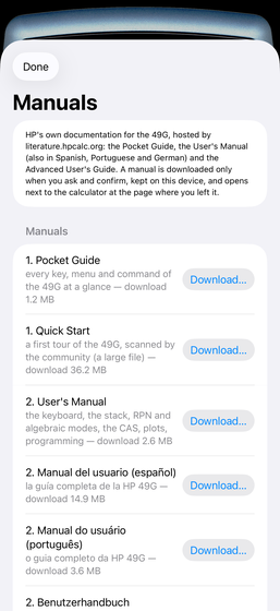 HP's HP 49G manuals offered for download in RPN 49G, with their sizes