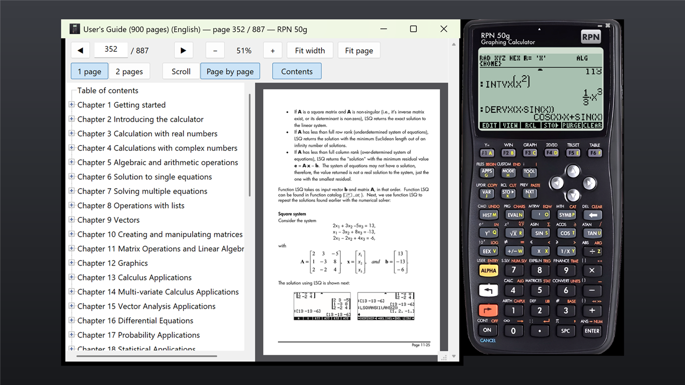 Émulateur HP 50g sur Windows : RPN 50g avec le guide de l'utilisateur HP ouvert à côté de la calculatrice